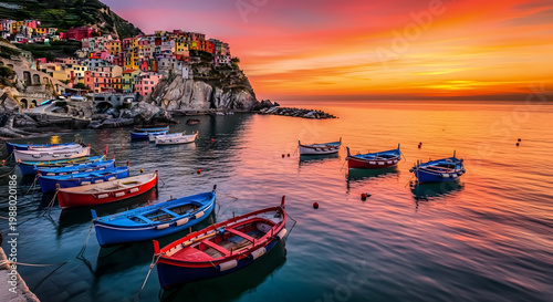 Colorful fishing boats bob gently in a bay at sunset in Manarola.