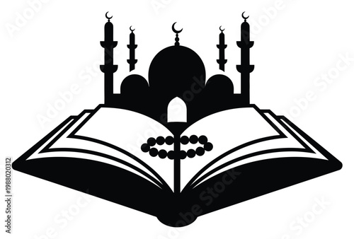 Islamic Mosque and Open Book with Prayer Beads Silhouette