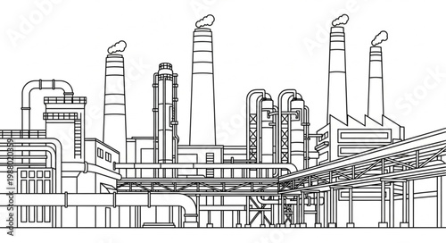 Industrial factory complex with chimneys and pipes sketch.