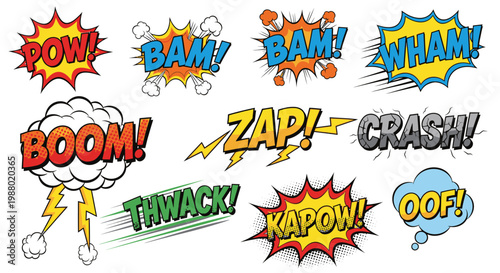 Collection of comic book sound effects bubbles on white background