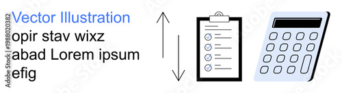Business planning, financial management, task organization, productivity tools, office workflow, and decision-making. A checklist and calculator with arrows. Business planning and financial