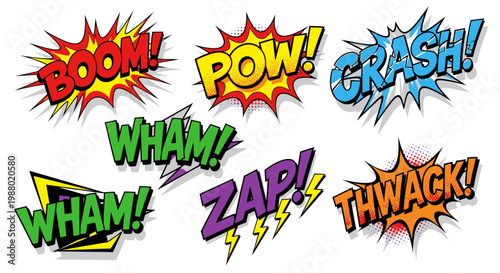 Collection of comic book sound effects bubbles on white background