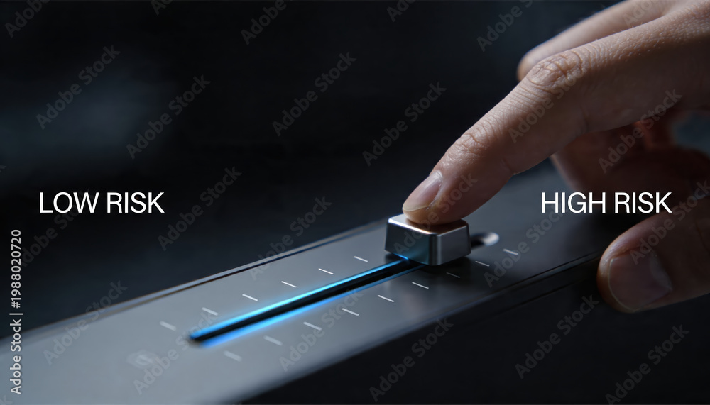© Nattapol - Human hand adjusts glowing risk slider, shifting low to high. Business strategy decision, finance control, modern digital technology progress