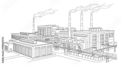 Industrial factory with smoking chimneys illustration.
