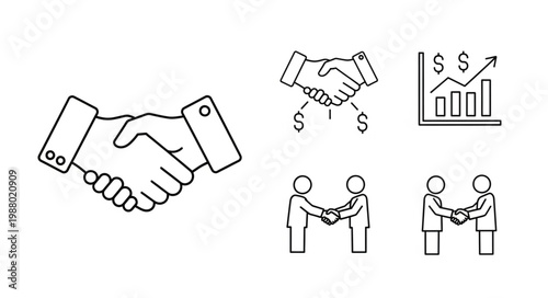 Business handshake icons and graph showing financial growth.