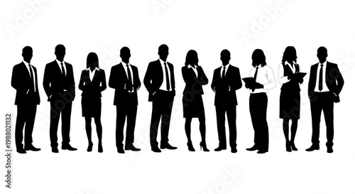 A group of business professionals standing together in a line as a vector graphic silhouette