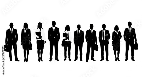 A group of business professionals standing in a line as black silhouettes on a white background
