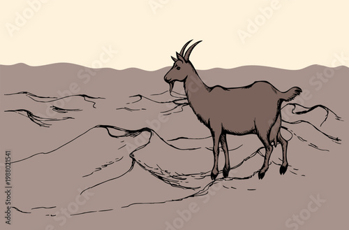 Goat in the desert. Vector drawing