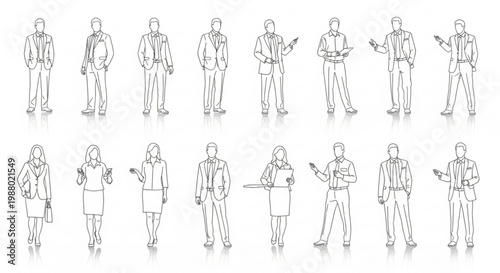 A set of minimalist line art illustrations depicting business professionals in various poses