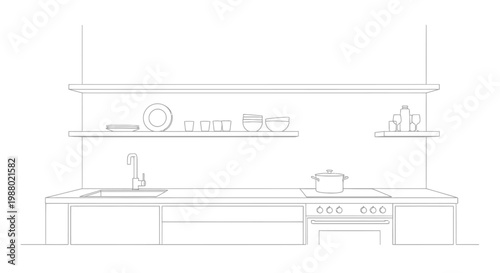 Modern Kitchen Interior Line Art Illustration. Minimalist Home Design with Sink, Stove, Shelves, and Kitchenware Outline.