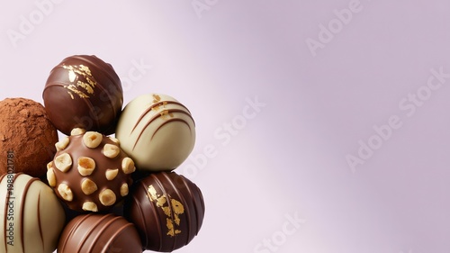 Luxury Chocolate Truffles on Soft Lavender Background with Large Negative Space for Mother’s Day Greeting Banner

