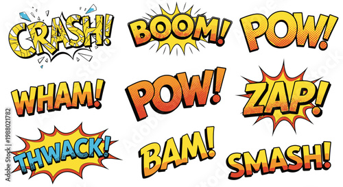 Colorful comic book action sound effects and speech bubbles