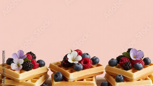 Golden Waffle Stack with Berries and Edible Flowers on Pink Background with Wide Copy Space for Mother’s Day Brunch

