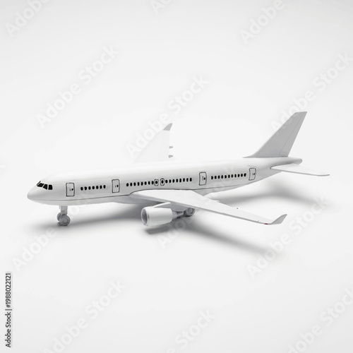 A miniature plastic passenger aircraft model sits ready for takeoff while representing international travel transportation and commercial aviation logistics services for business and tourism