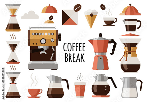 Modern Flat Vector Coffee Brewing Icons Set with Espresso Machine, Moka Pot, Chemex, and Cups. Professional Coffee Shop Branding and Cafe Menu Graphic Elements.