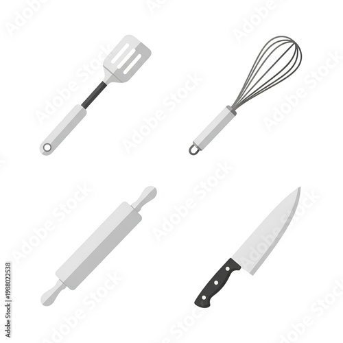Kitchen utensils set spatula whisk rolling pin and knife on white background.