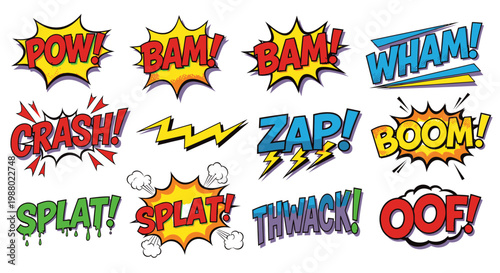 Colorful comic book onomatopoeia sound effect bubbles set