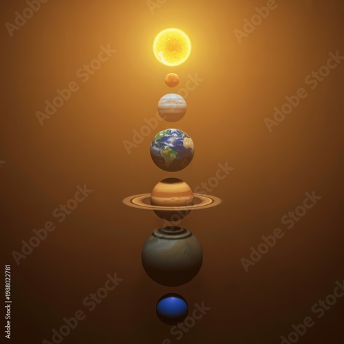 Solar system planets alignment on warm orange background, vertical stack of celestial bodies, educational space science illustration