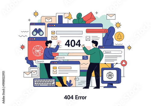 404 Error Page Illustration with Developers Troubleshooting Website Issues, Page Not Found Conceptual Vector for Web Maintenance and Technical Support UI Design