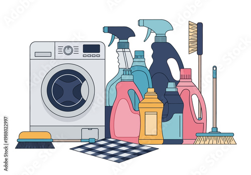 Household Cleaning Supplies and Laundry Equipment Vector Illustration with Washing Machine, Detergent Bottles, and Brushes
