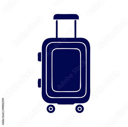 Travel Suitcase Icon Blue Luggage for Vacation and Trip A minimalist dark blue rolling suitcase icon with handle and wheels, perfect for travel planning, vacation booking, and tourism concepts.