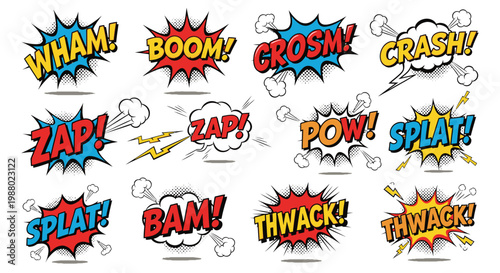 Colorful comic book onomatopoeia sound effect bursts set