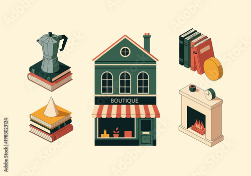 Vintage Isometric Lifestyle Icon Set Featuring a Boutique Shopfront, Books, Moka Pot, and Cozy Fireplace Illustration