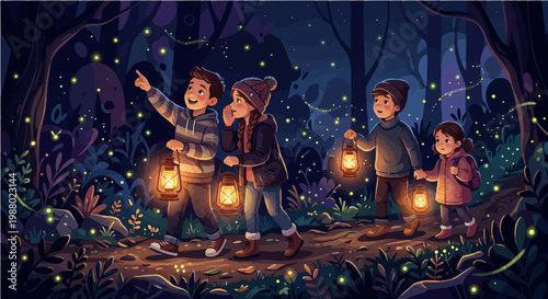 Children Exploring Night Environment with Lanterns and Fireflies, Magical Adventure Vector Illustration
Kids Walking at Night with Lantern Light and Fireflies, Storytelling Fantasy