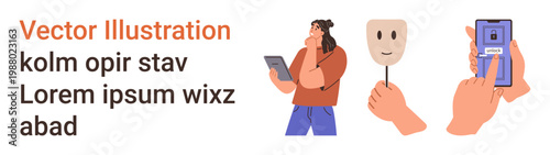 Identity privacy, social media, online authentication, cybersecurity, digital interaction, anonymity. Person holding tablet, mask in hand phone showing fingerprint. Identity privacy and online