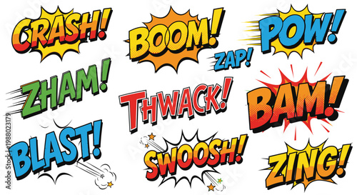Colorful comic book onomatopoeia sound effects and action bubbles