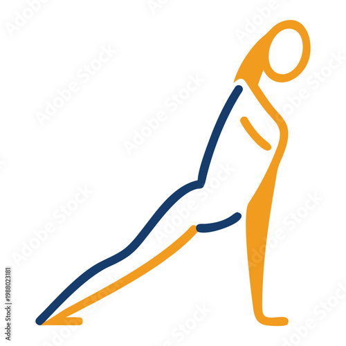 Woman in yoga pose cobra asana blue and orange outline figure stretching body in forward lunge on white.