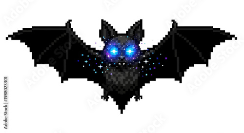 Pixel Art Bat with Glowing Blue Eyes and Stars.