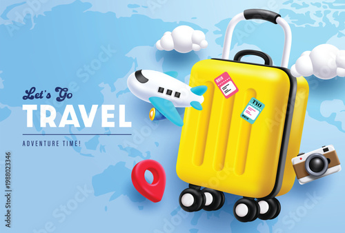 Travel banner template featuring yellow suitcase, airplane, and camera clipart, with Lets Go Travel text. Ideal for tourism, vacation, and holiday promotions. Vector illustration.
