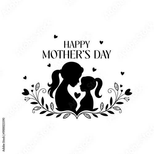 Mother and daughter silhouette with floral wreath for Mother's Day, Elegant Happy Mother's Day greeting card design with hearts, Minimalist mother and child silhouette floral ornament vector, Black an