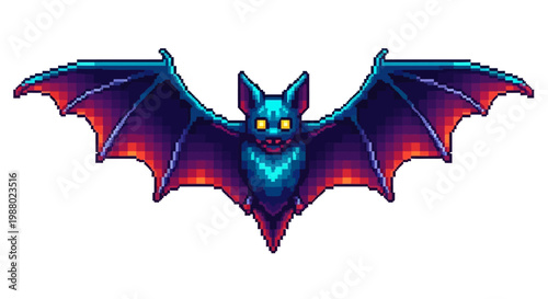 Pixel Art Bat with Glowing Eyes and Wings.