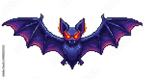 Pixel Art Bat with Glowing Red Eyes and Purple Wings.