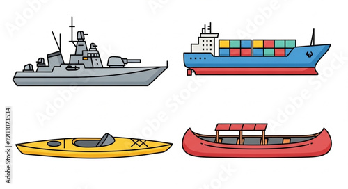 Collection of four different types of boats and watercraft.