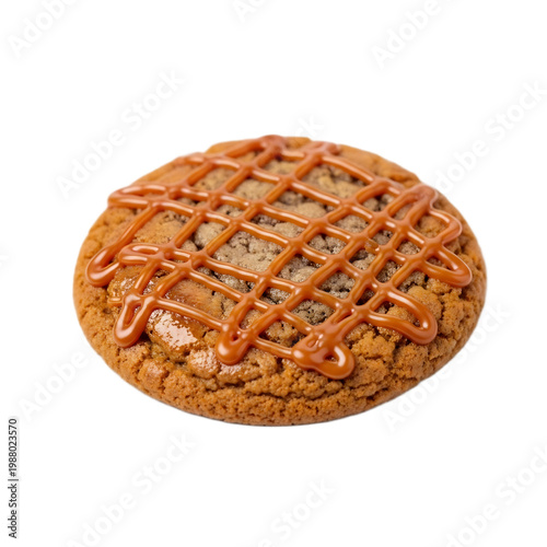 Gourmet caramel drizzled oatmeal cookie on white background with crisscross pattern