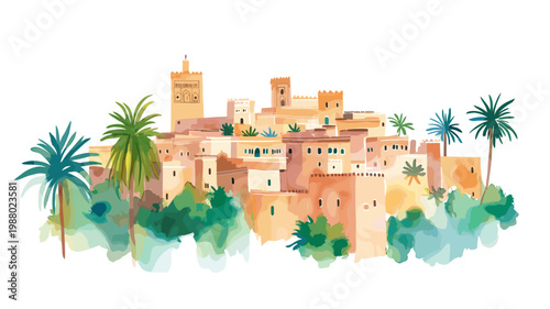 Fes el-Bali. Fes el-Bali hand drawn watercolor illustration on white background