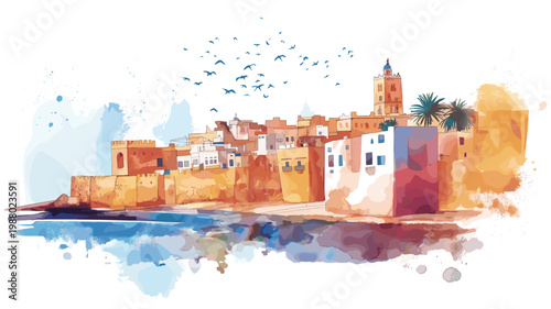 Essaouira. Essaouira hand drawn watercolor illustration on white background