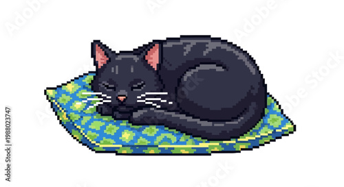 Pixel Art Black Cat Sleeping Peacefully on Cushion.