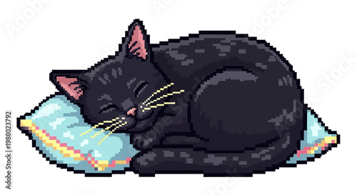 Pixel Art Black Cat Sleeping Peacefully on Pillow.
