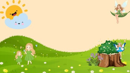 Poster Feen und Elfen Enchanting Forest Landscape with Fairies, Flowers, and a Sunny Sky Illustration  © asasima