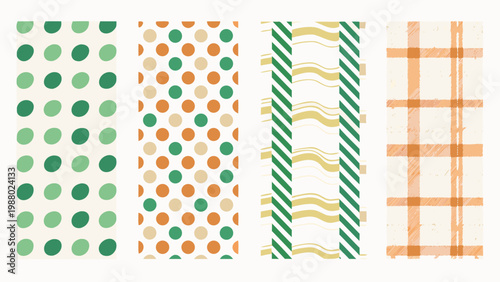 Four colorful patterned fabric swatches displayed vertically in a minimalist style