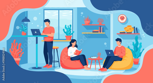 People working remotely in a modern co-working space.