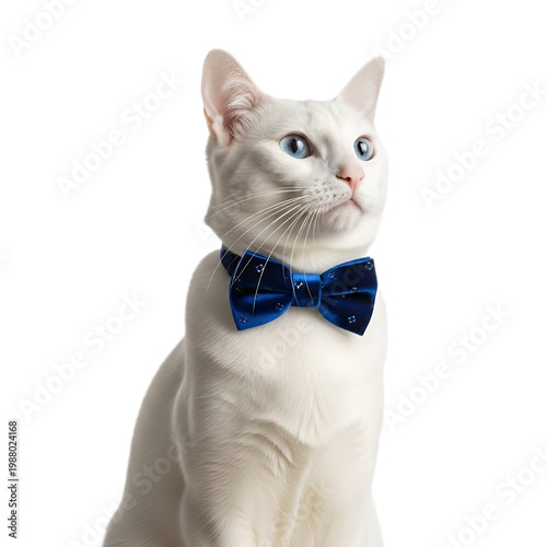 Elegant white cat wearing blue bow tie looking up on white background