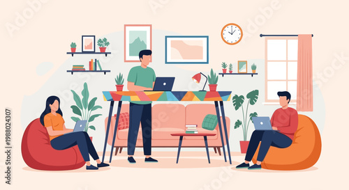 People working remotely in a modern co-working space.