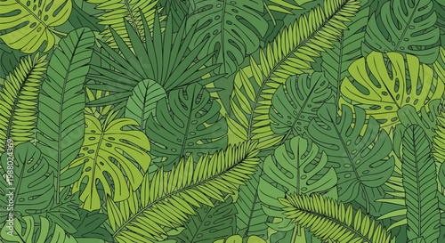 Lush Tropical Jungle Leaves Pattern, Vibrant Green Foliage Background