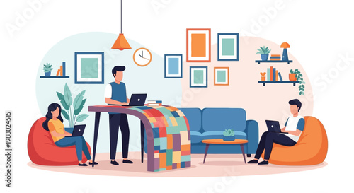 People working on laptops in a cozy living room setting.