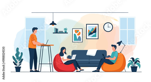 People working remotely in a modern co-working space.